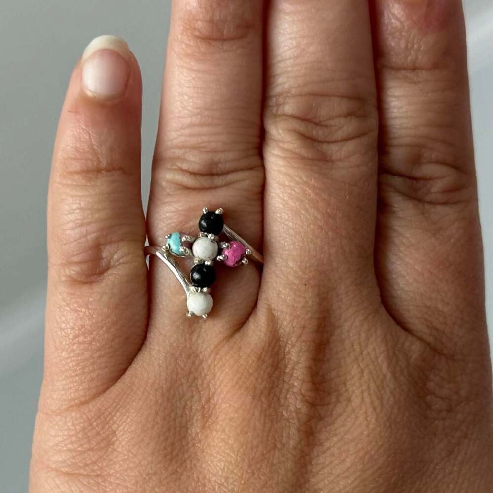 925 Sterling Silver Multi-Stone Cross Ring Turquoise White Buffalo